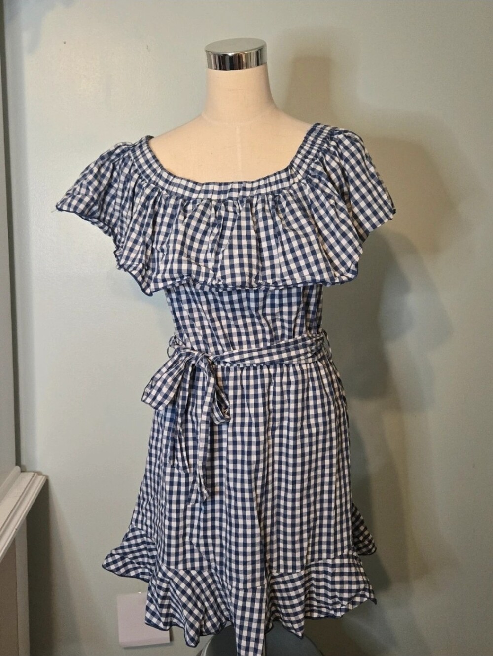 Adrienne Blue Gingham Ruffle Off-Shoulder Dress